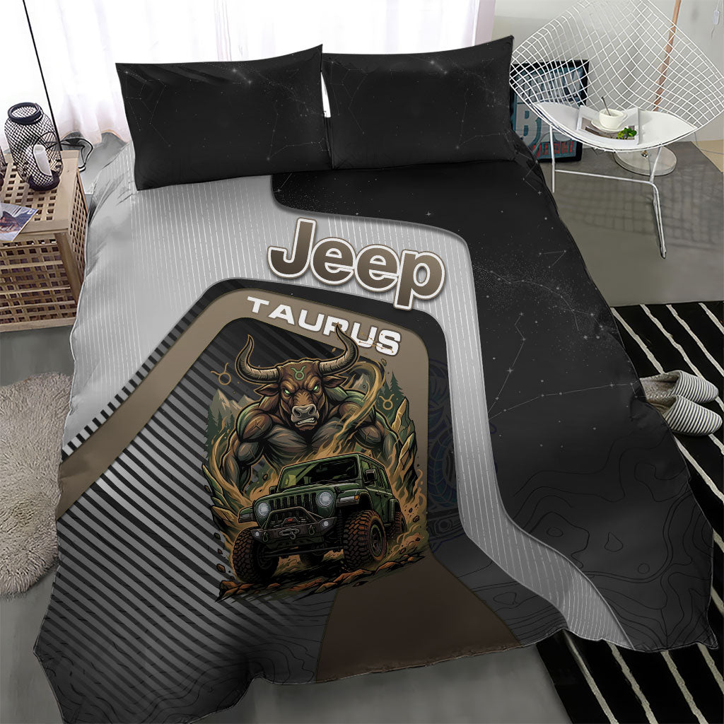 Jeep Taurus Zodiac Bedding Set Powerful Bull Off Road Beast Earth Tone Illustration