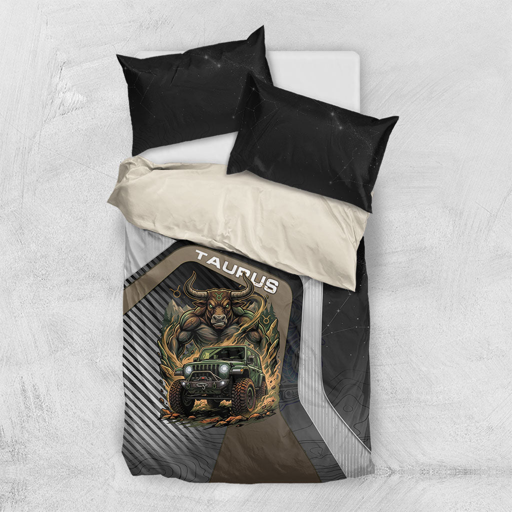 Jeep Taurus Zodiac Bedding Set Powerful Bull Off Road Beast Earth Tone Illustration