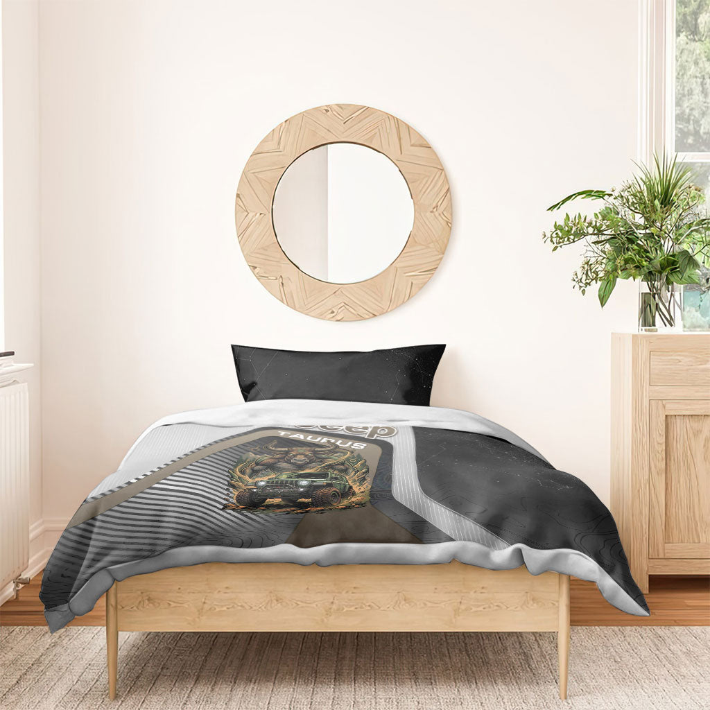 Jeep Taurus Zodiac Bedding Set Powerful Bull Off Road Beast Earth Tone Illustration