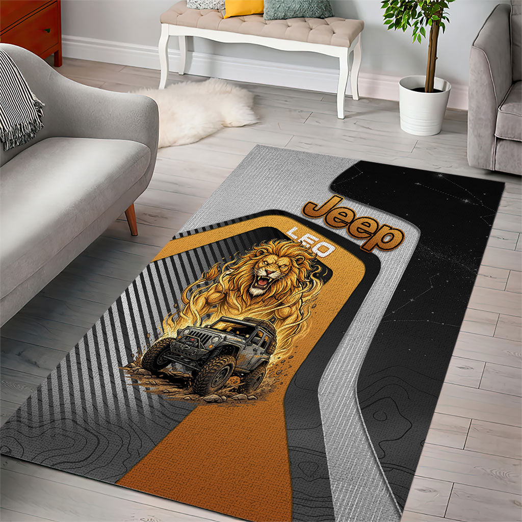 Jeep Leo Zodiac Area Rug Majestic Lion Off Road Power Golden Flame Illustration TS04