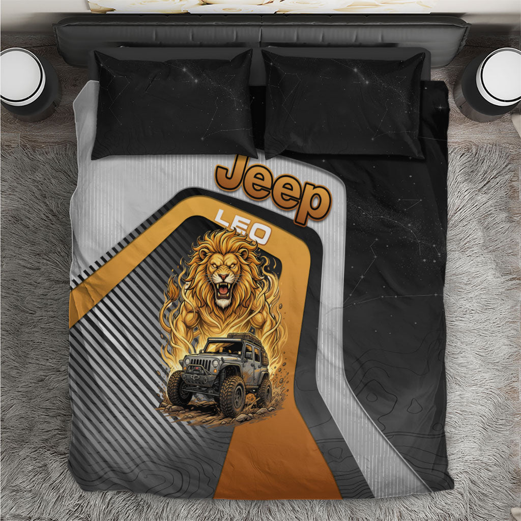 Jeep Leo Zodiac Bedding Set Majestic Lion Off Road Power Golden Flame Illustration