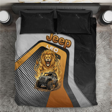 Jeep Leo Zodiac Bedding Set Majestic Lion Off Road Power Golden Flame Illustration