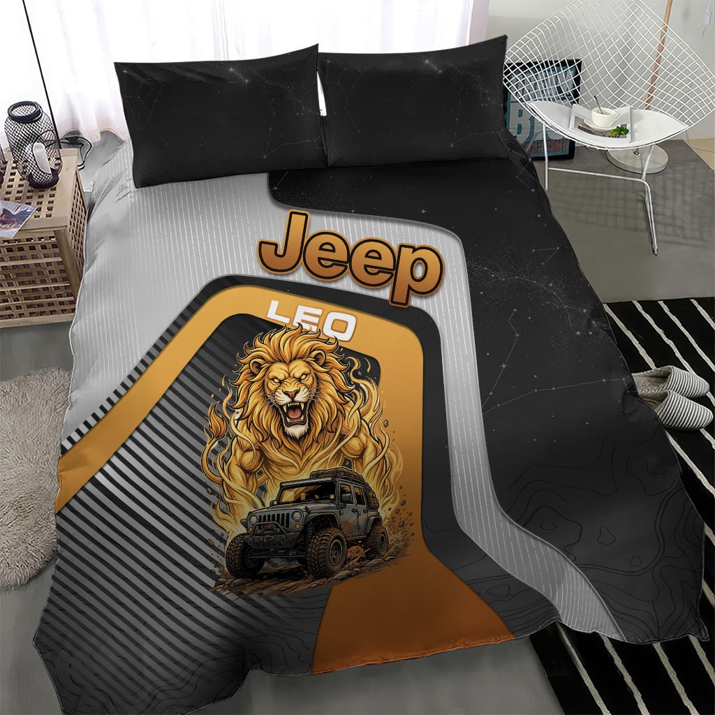 Jeep Leo Zodiac Bedding Set Majestic Lion Off Road Power Golden Flame Illustration