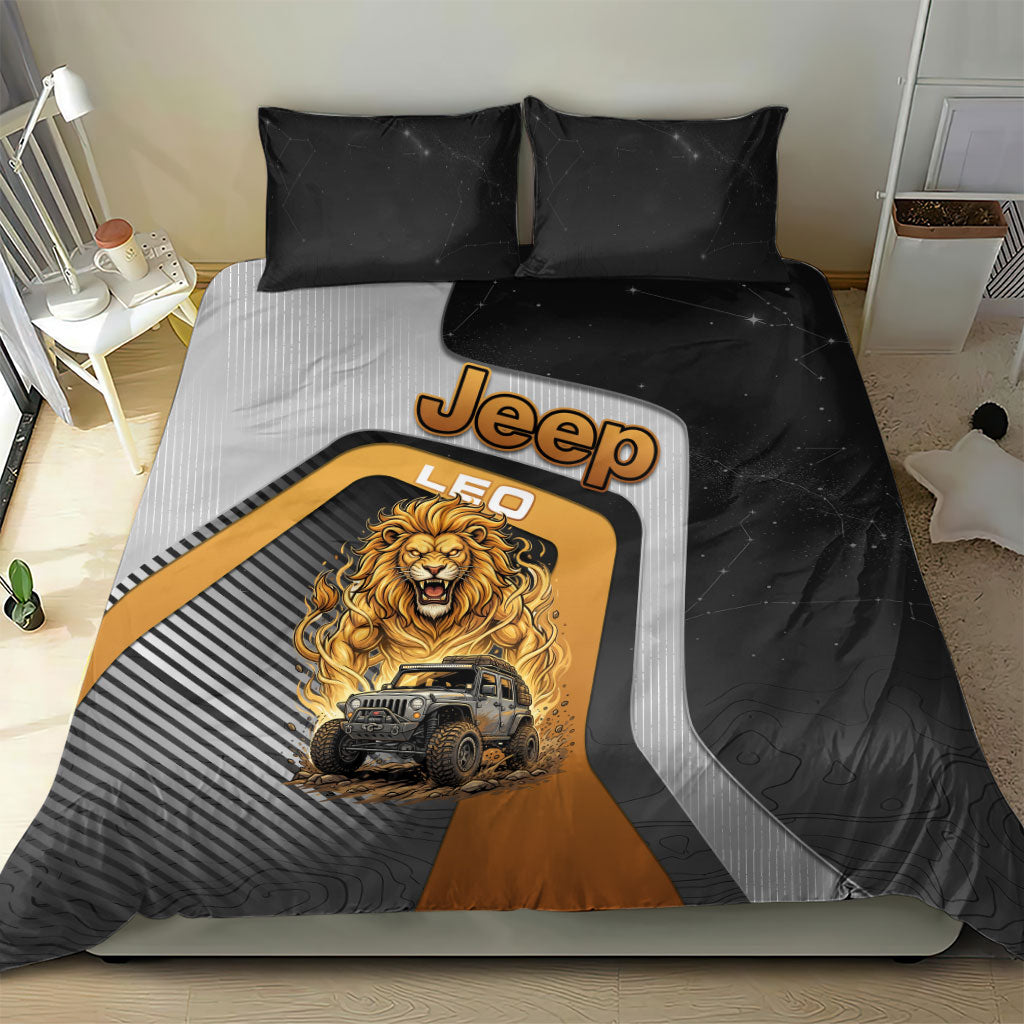 Jeep Leo Zodiac Bedding Set Majestic Lion Off Road Power Golden Flame Illustration