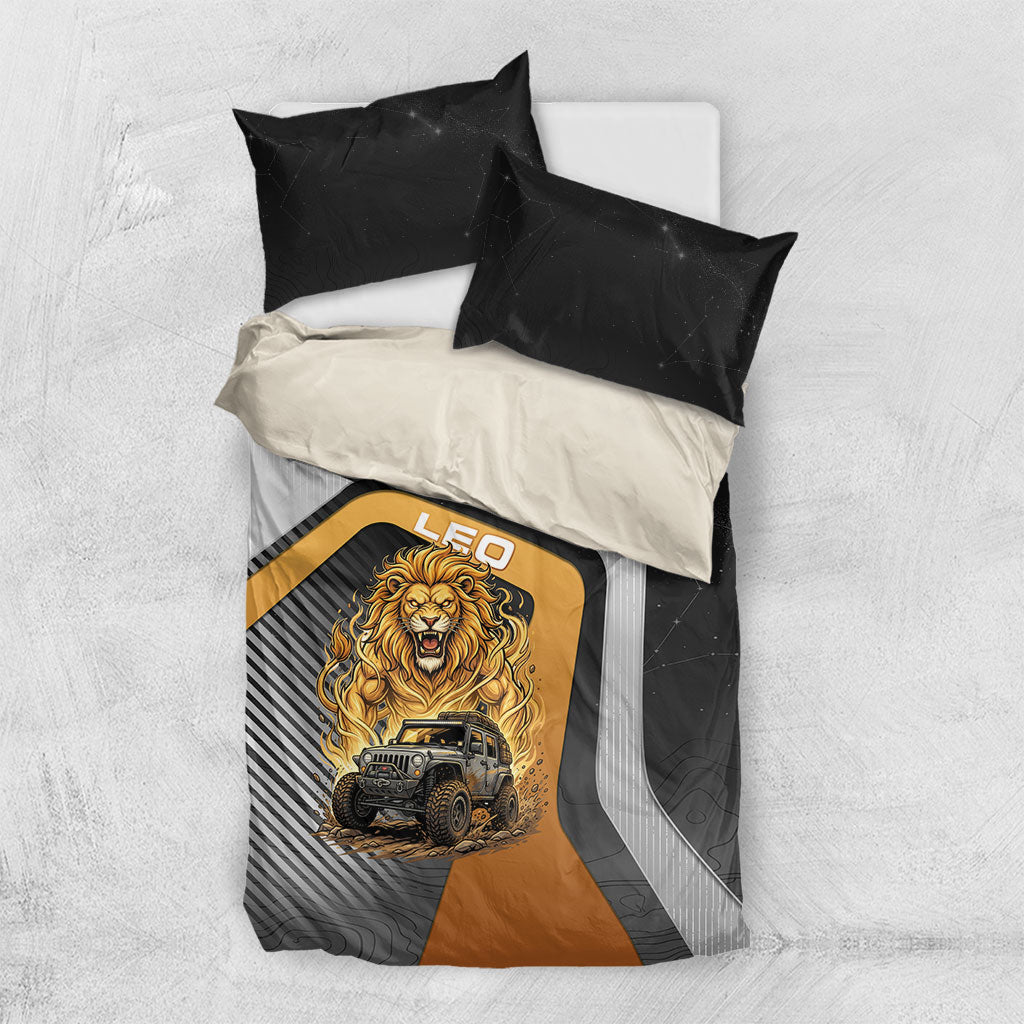 Jeep Leo Zodiac Bedding Set Majestic Lion Off Road Power Golden Flame Illustration