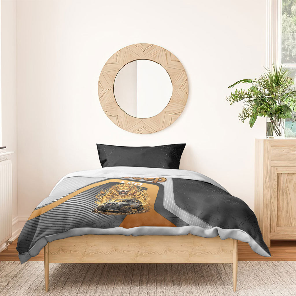 Jeep Leo Zodiac Bedding Set Majestic Lion Off Road Power Golden Flame Illustration