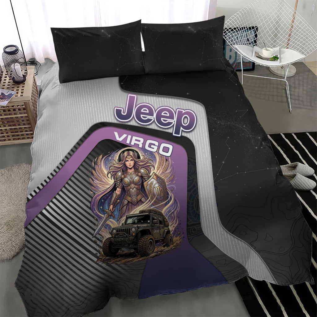 Jeep Virgo Zodiac Bedding Set Celestial Maiden Warrior Off Road Mystic Purple Style