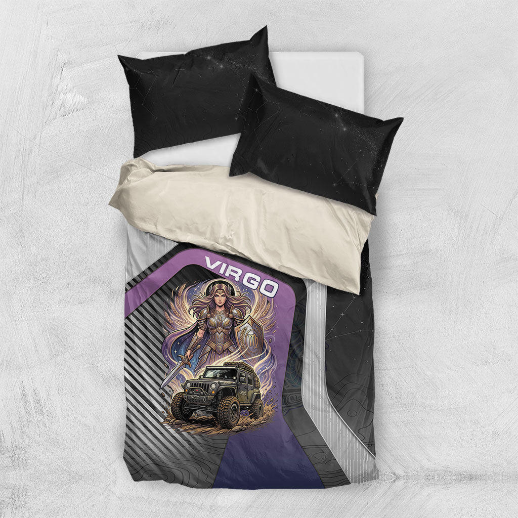 Jeep Virgo Zodiac Bedding Set Celestial Maiden Warrior Off Road Mystic Purple Style