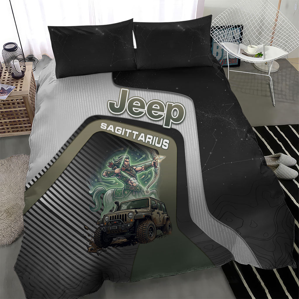 Jeep Sagittarius Zodiac Bedding Set Archer Centaur Off Road Adventure Mystic Green Style