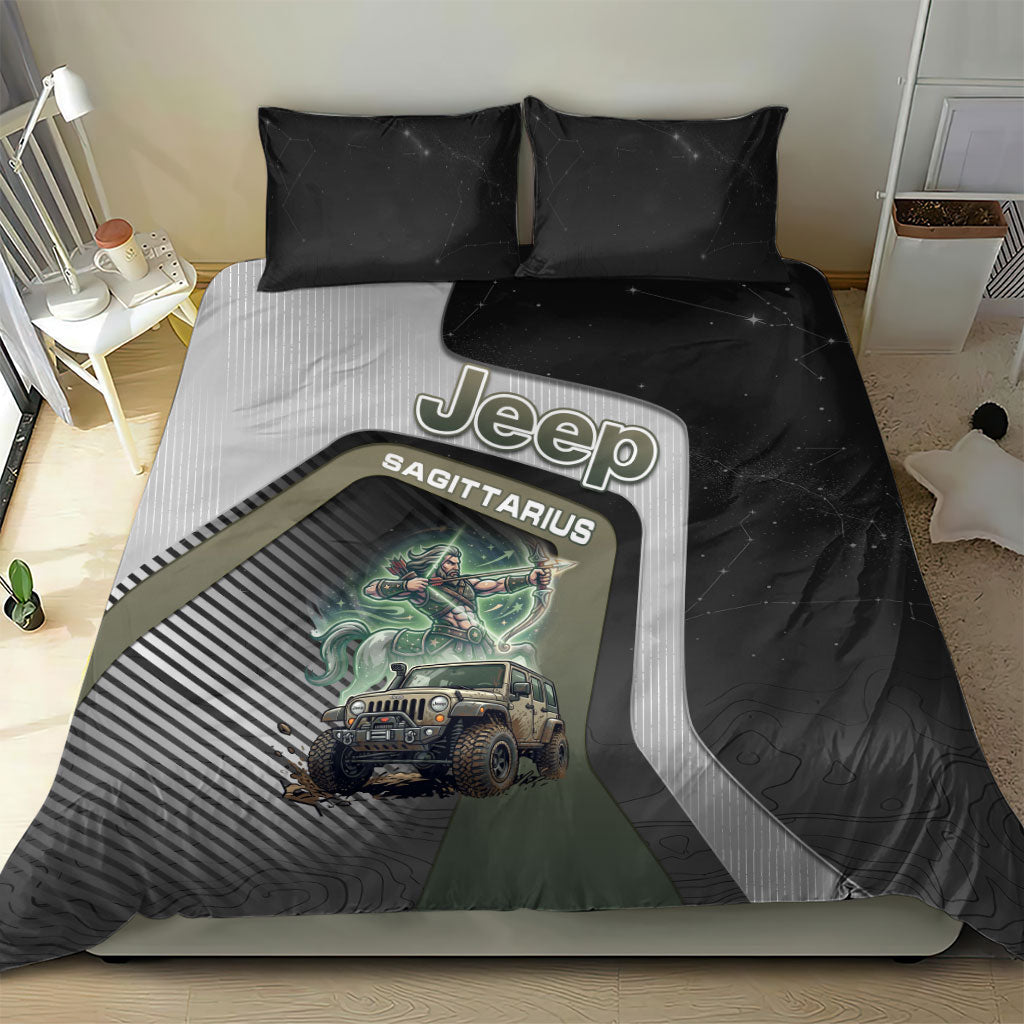Jeep Sagittarius Zodiac Bedding Set Archer Centaur Off Road Adventure Mystic Green Style