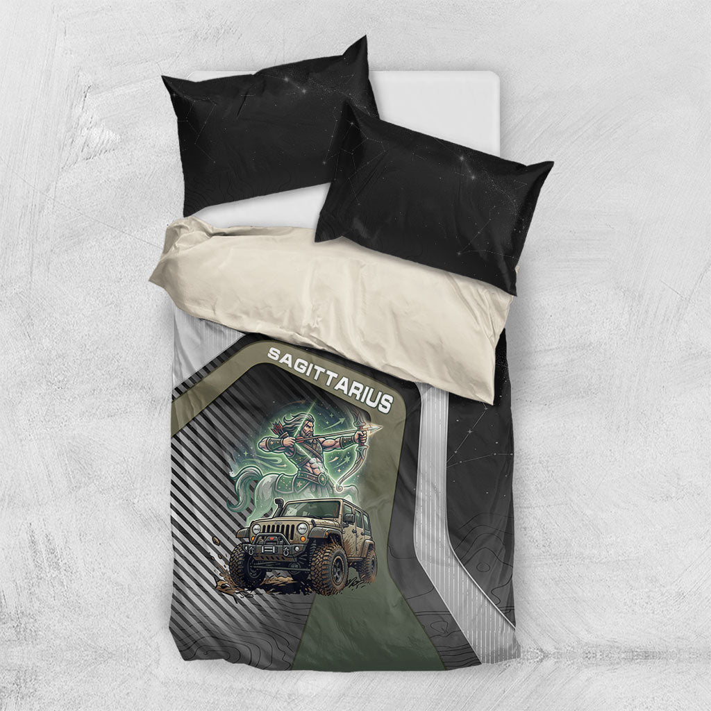 Jeep Sagittarius Zodiac Bedding Set Archer Centaur Off Road Adventure Mystic Green Style