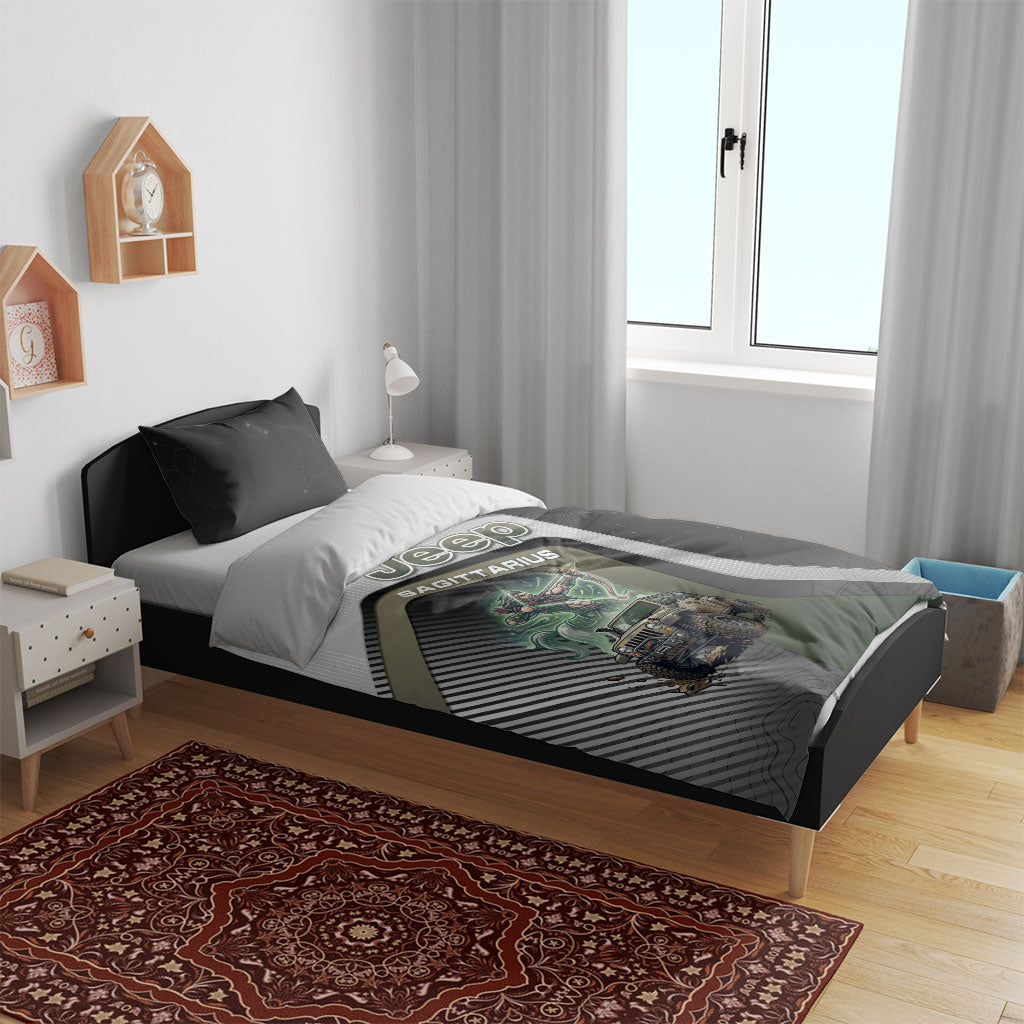 Jeep Sagittarius Zodiac Bedding Set Archer Centaur Off Road Adventure Mystic Green Style