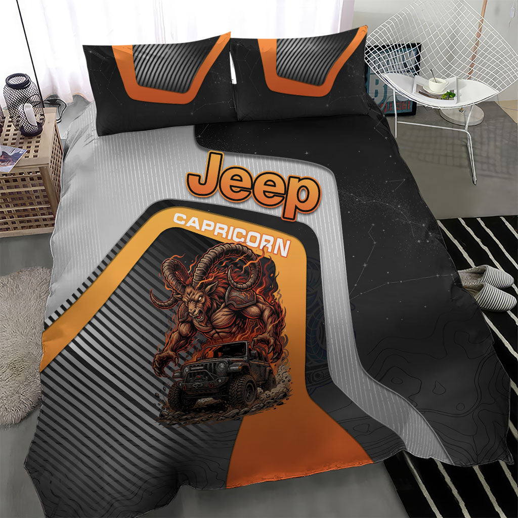 Jeep Capricorn Zodiac Bedding Set Fiery Mountain Goat Off Road Beast Bold Flame Style