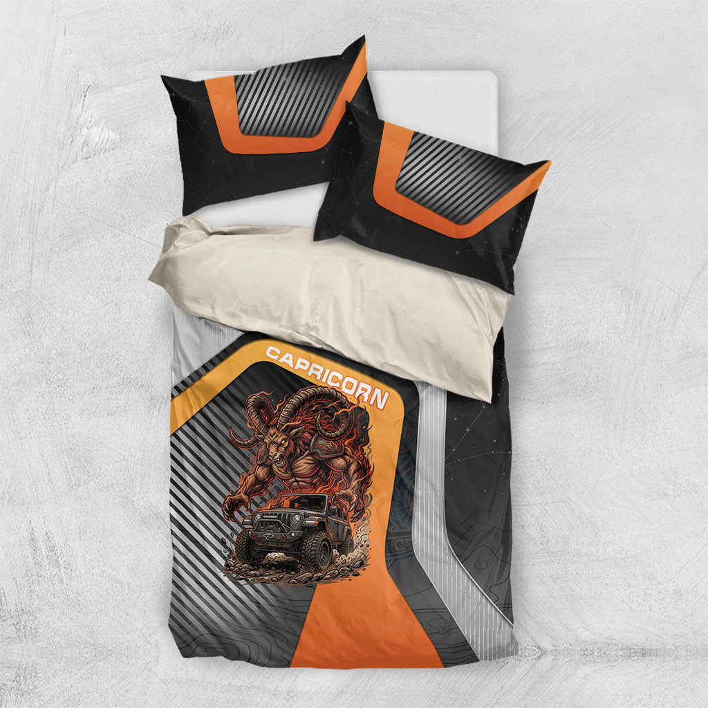 Jeep Capricorn Zodiac Bedding Set Fiery Mountain Goat Off Road Beast Bold Flame Style