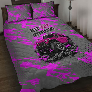 Jeep 85th Anniversary Quilt Bed Set Off Road Pink Camo Grunge Paint Splatter Grille