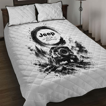 Jeep 85th Anniversary Quilt Bed Set Off Road Mountain Trail Monochromatic Ink Wash