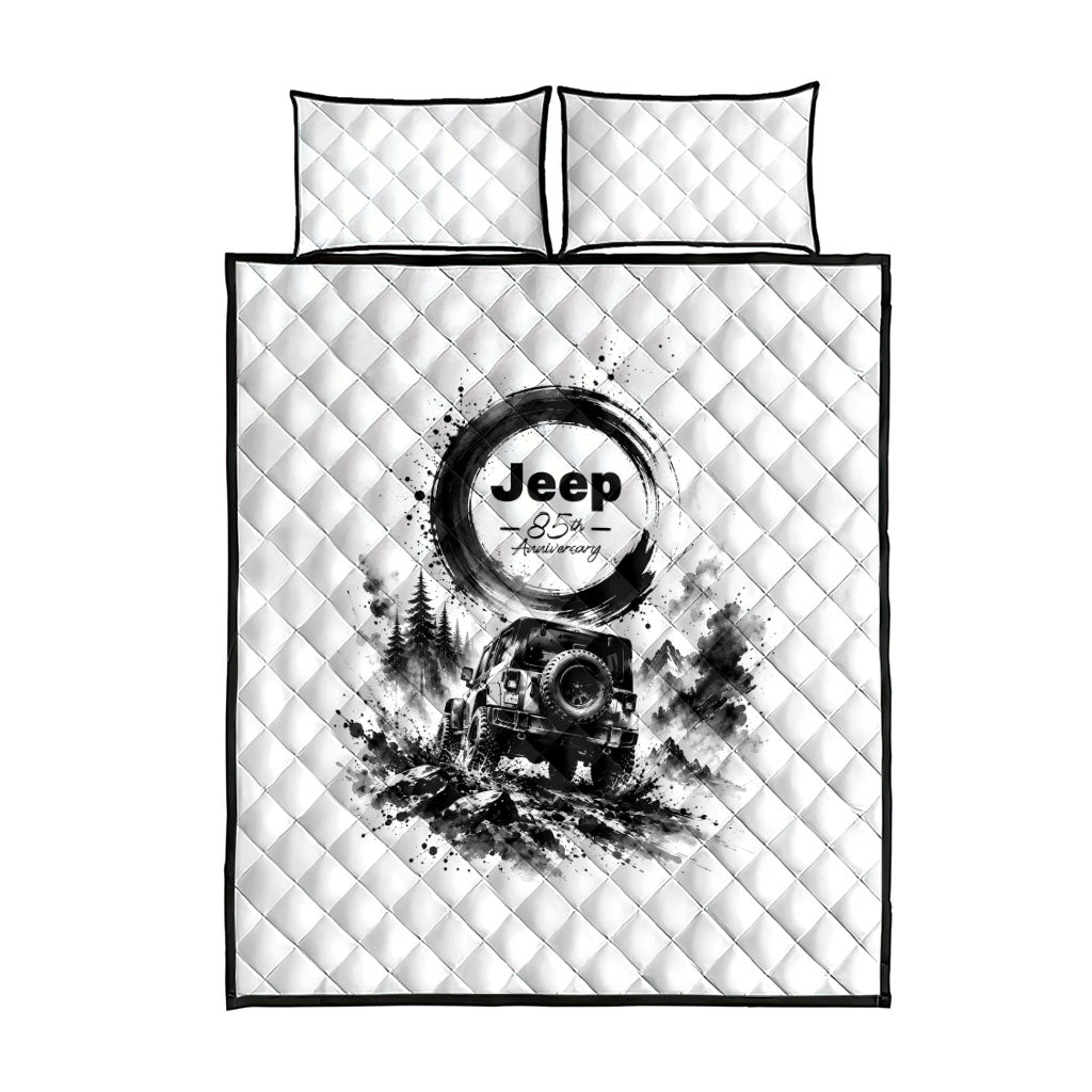 Jeep 85th Anniversary Quilt Bed Set Off Road Mountain Trail Monochromatic Ink Wash