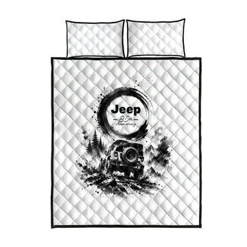 Jeep 85th Anniversary Quilt Bed Set Off Road Mountain Trail Monochromatic Ink Wash