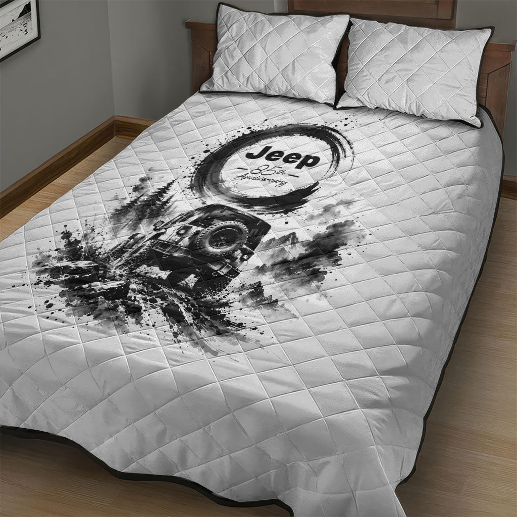Jeep 85th Anniversary Quilt Bed Set Off Road Mountain Trail Monochromatic Ink Wash