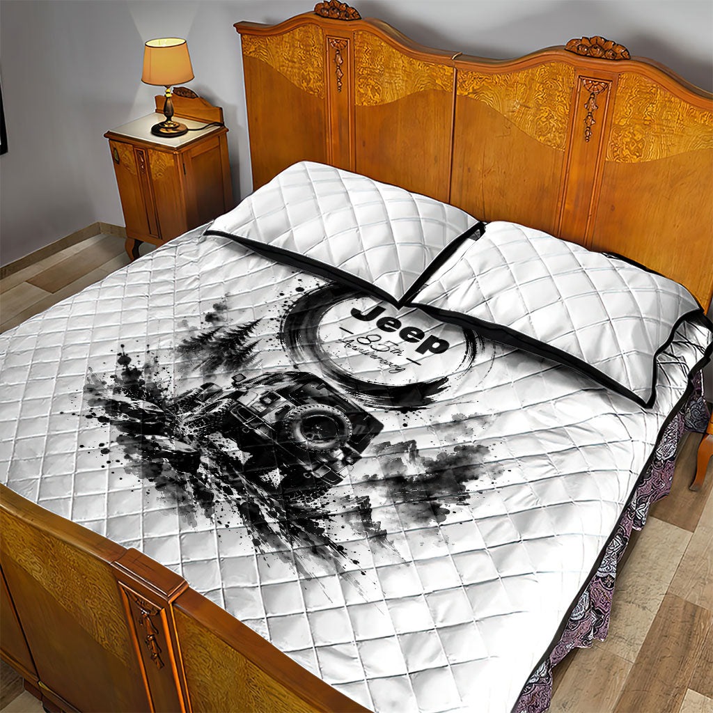 Jeep 85th Anniversary Quilt Bed Set Off Road Mountain Trail Monochromatic Ink Wash