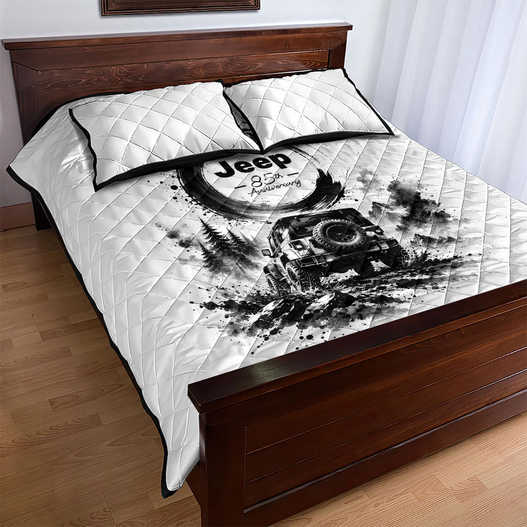 Jeep 85th Anniversary Quilt Bed Set Off Road Mountain Trail Monochromatic Ink Wash