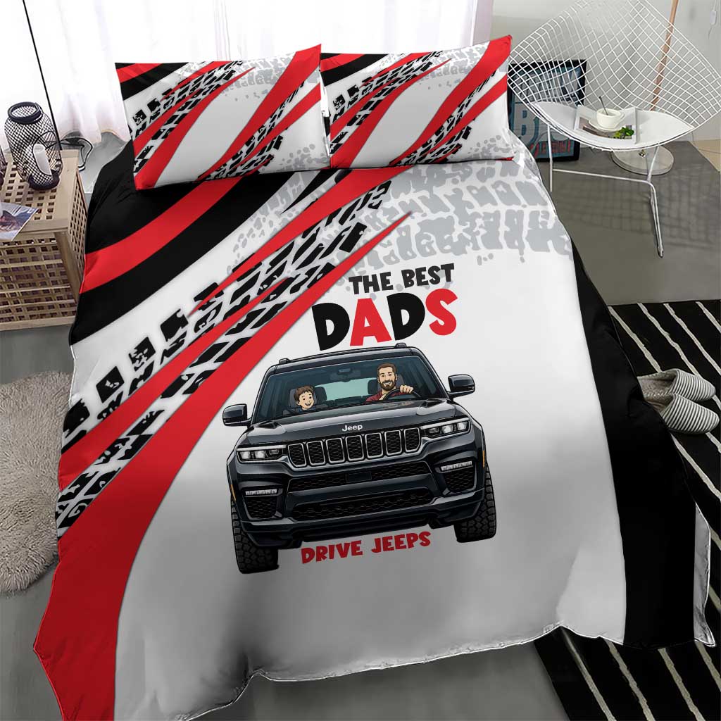 Jeep Dad Adventure Bedding Set Cartoon Automotive Illustration with Racing Stripe Graphic
