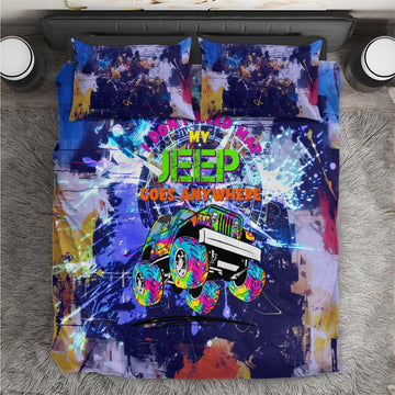 Jeep Goes Anywhere Quote Bedding Set Graffiti Splatter Street Art Illustration