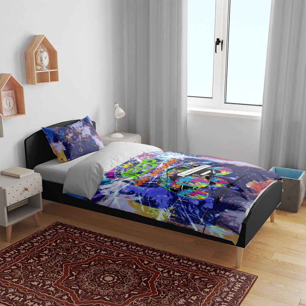 Jeep Goes Anywhere Quote Bedding Set Graffiti Splatter Street Art Illustration