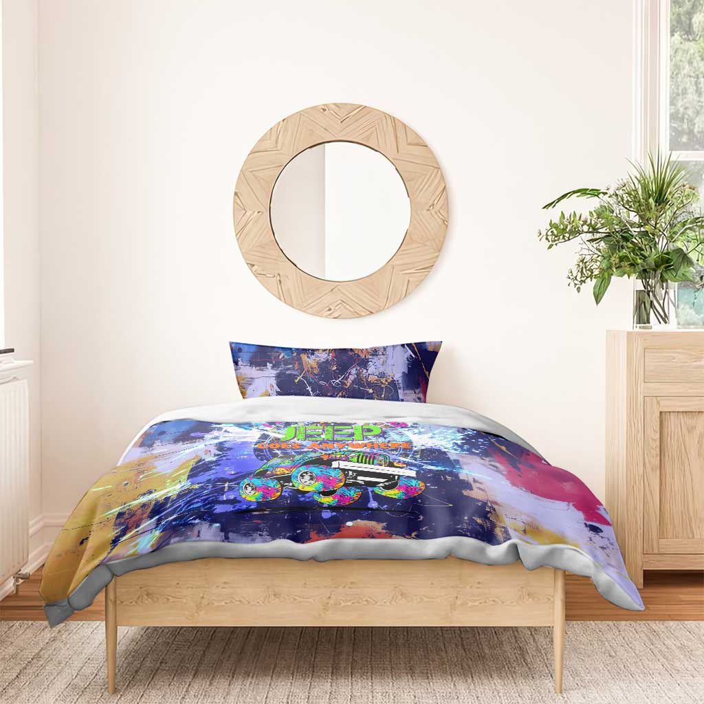 Jeep Goes Anywhere Quote Bedding Set Graffiti Splatter Street Art Illustration