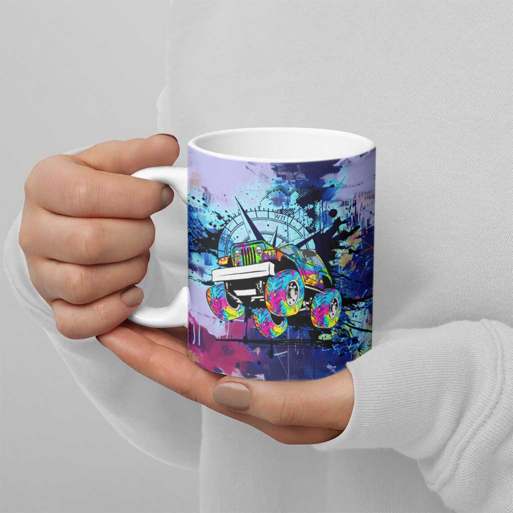Jeep Goes Anywhere Quote Ceramic Mug Graffiti Splatter Street Art Illustration