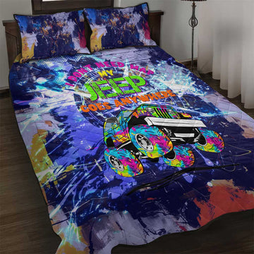 Jeep Goes Anywhere Quote Quilt Bed Set Graffiti Splatter Street Art Illustration