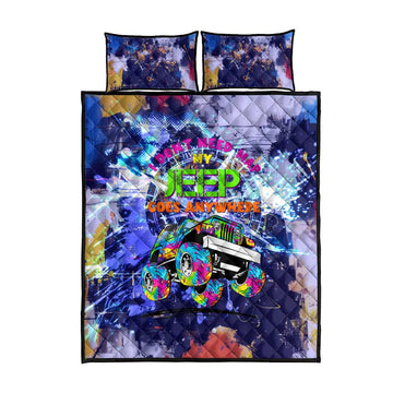 Jeep Goes Anywhere Quote Quilt Bed Set Graffiti Splatter Street Art Illustration