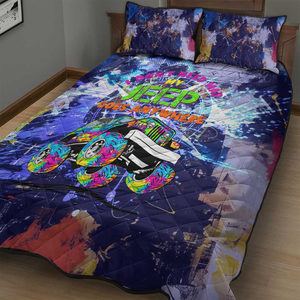 Jeep Goes Anywhere Quote Quilt Bed Set Graffiti Splatter Street Art Illustration
