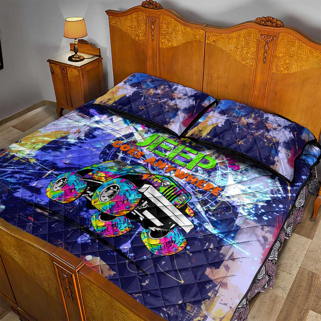 Jeep Goes Anywhere Quote Quilt Bed Set Graffiti Splatter Street Art Illustration