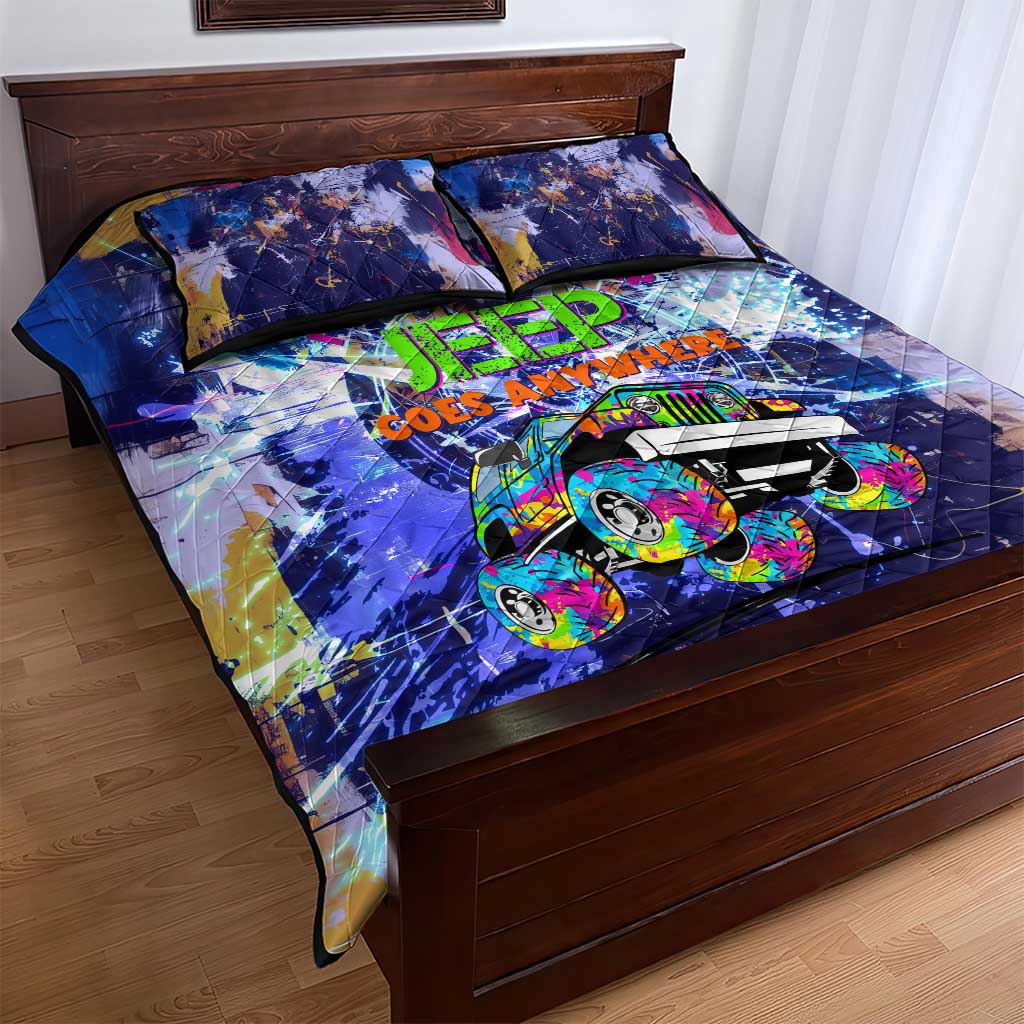 Jeep Goes Anywhere Quote Quilt Bed Set Graffiti Splatter Street Art Illustration