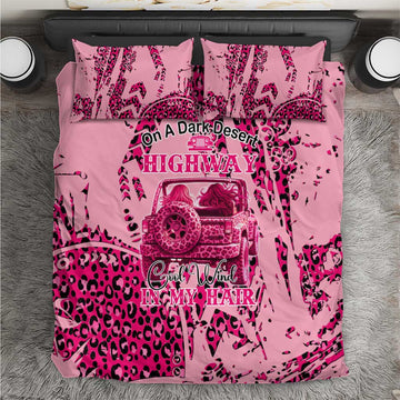 Jeep Desert Highway Girl Bedding Set Pink Leopard Print Western Graphic Style