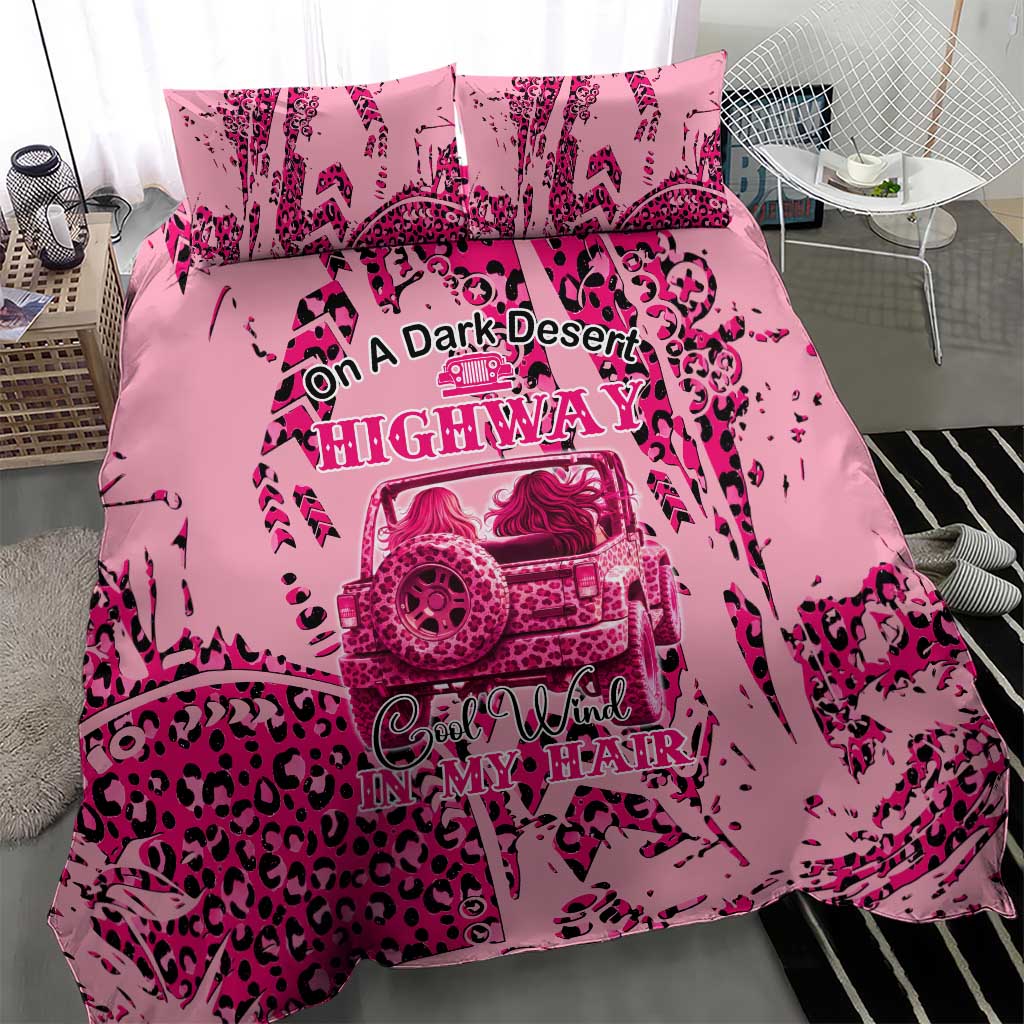 Jeep Desert Highway Girl Bedding Set Pink Leopard Print Western Graphic Style