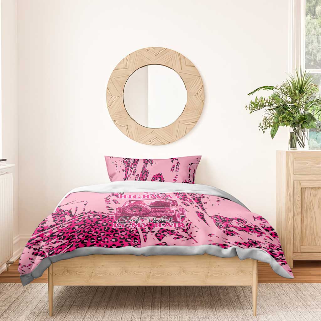 Jeep Desert Highway Girl Bedding Set Pink Leopard Print Western Graphic Style