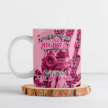 Jeep Desert Highway Girl Ceramic Mug Pink Leopard Print Western Graphic Style
