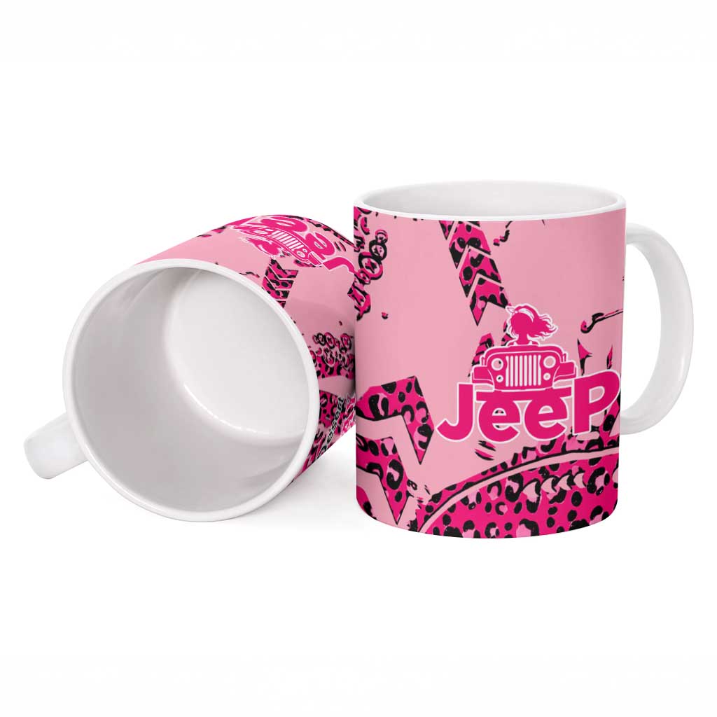 Jeep Desert Highway Girl Ceramic Mug Pink Leopard Print Western Graphic Style