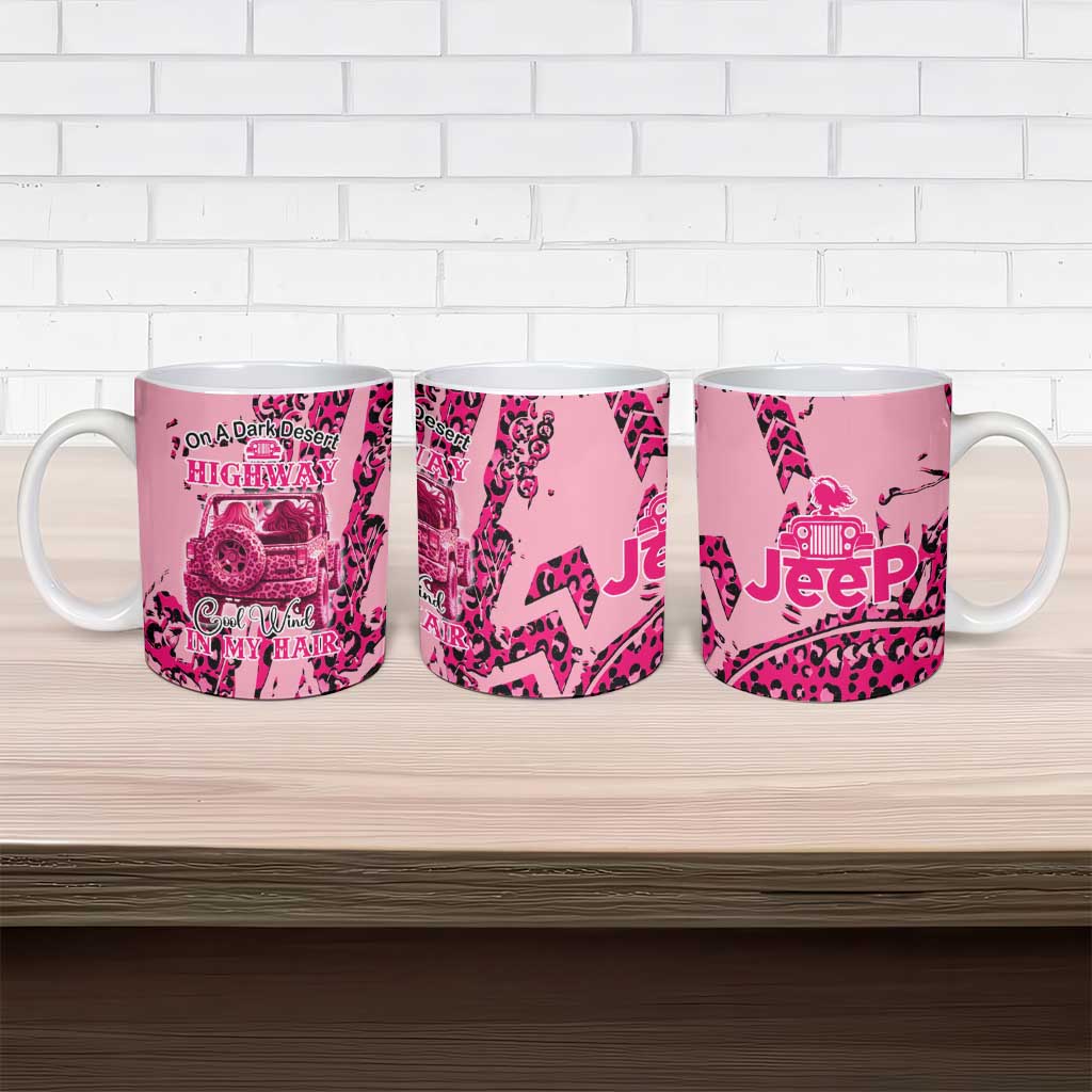Jeep Desert Highway Girl Ceramic Mug Pink Leopard Print Western Graphic Style