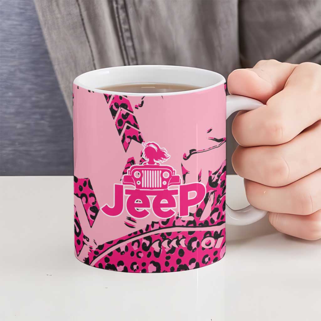 Jeep Desert Highway Girl Ceramic Mug Pink Leopard Print Western Graphic Style