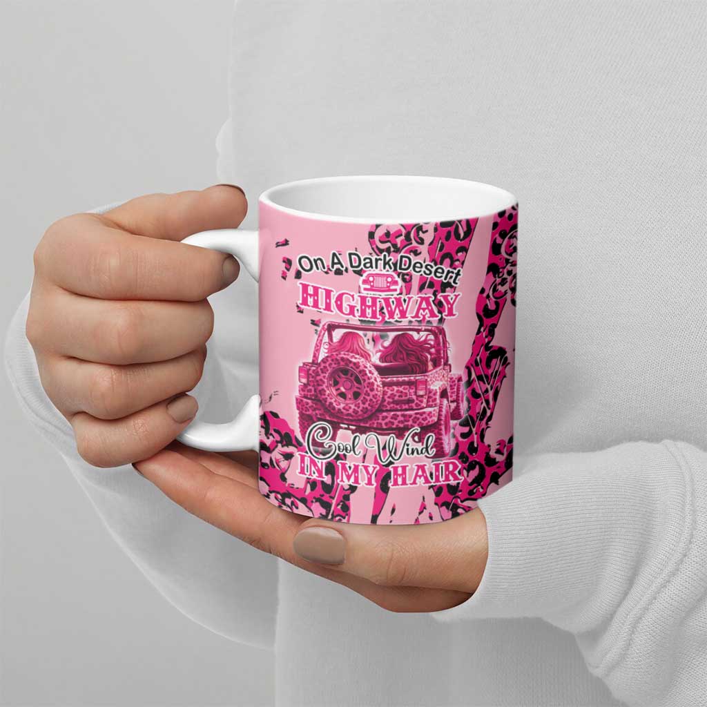 Jeep Desert Highway Girl Ceramic Mug Pink Leopard Print Western Graphic Style