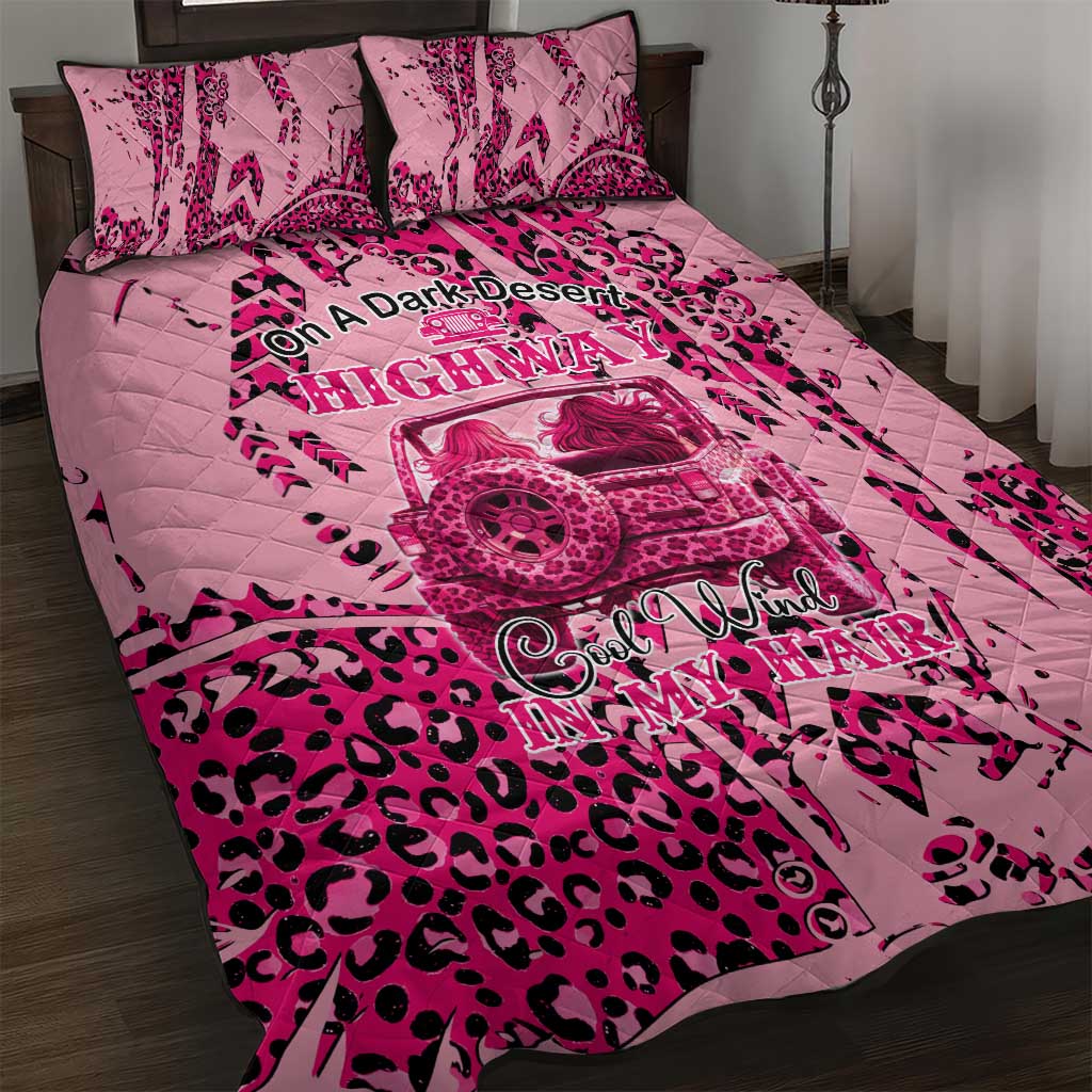 Jeep Desert Highway Girl Quilt Bed Set Pink Leopard Print Western Graphic Style