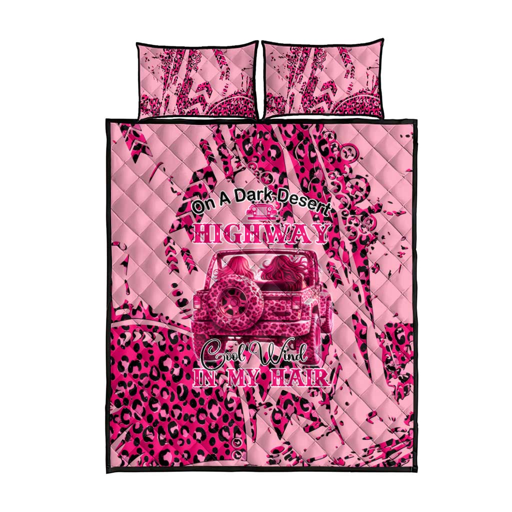 Jeep Desert Highway Girl Quilt Bed Set Pink Leopard Print Western Graphic Style