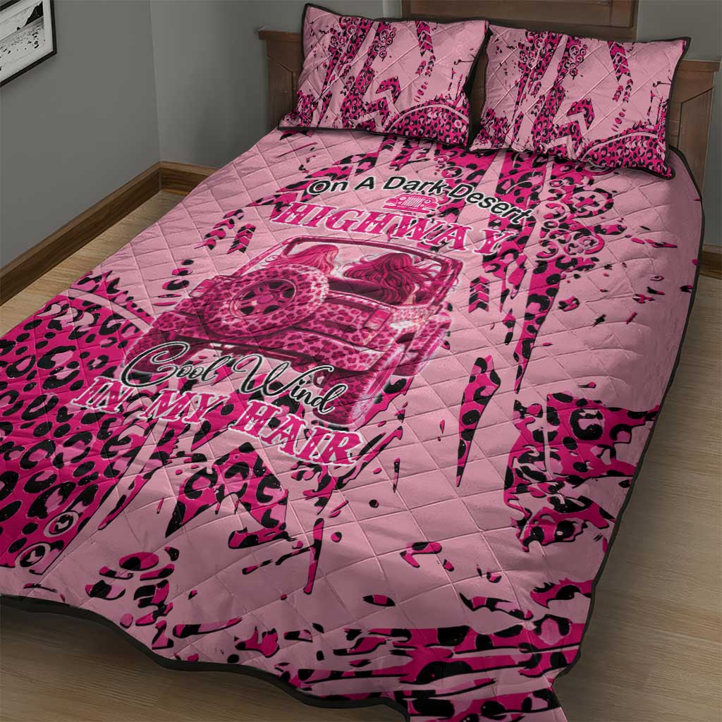 Jeep Desert Highway Girl Quilt Bed Set Pink Leopard Print Western Graphic Style
