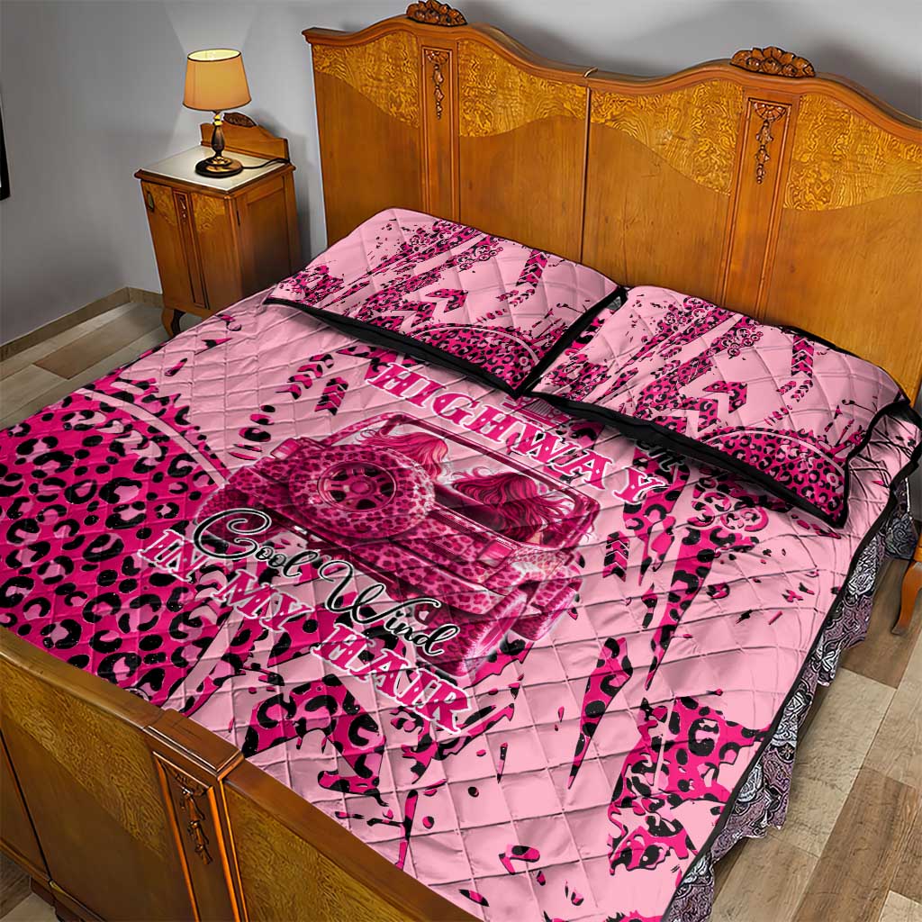 Jeep Desert Highway Girl Quilt Bed Set Pink Leopard Print Western Graphic Style