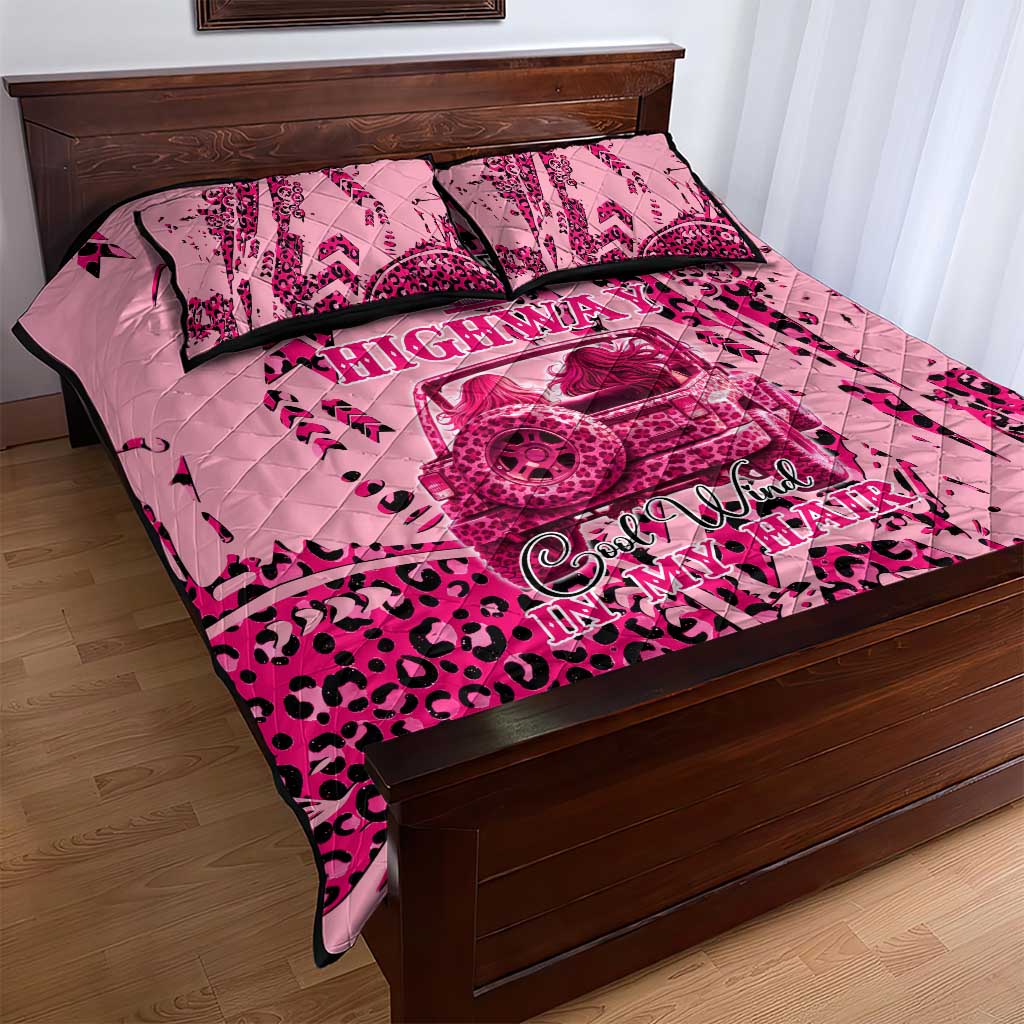 Jeep Desert Highway Girl Quilt Bed Set Pink Leopard Print Western Graphic Style