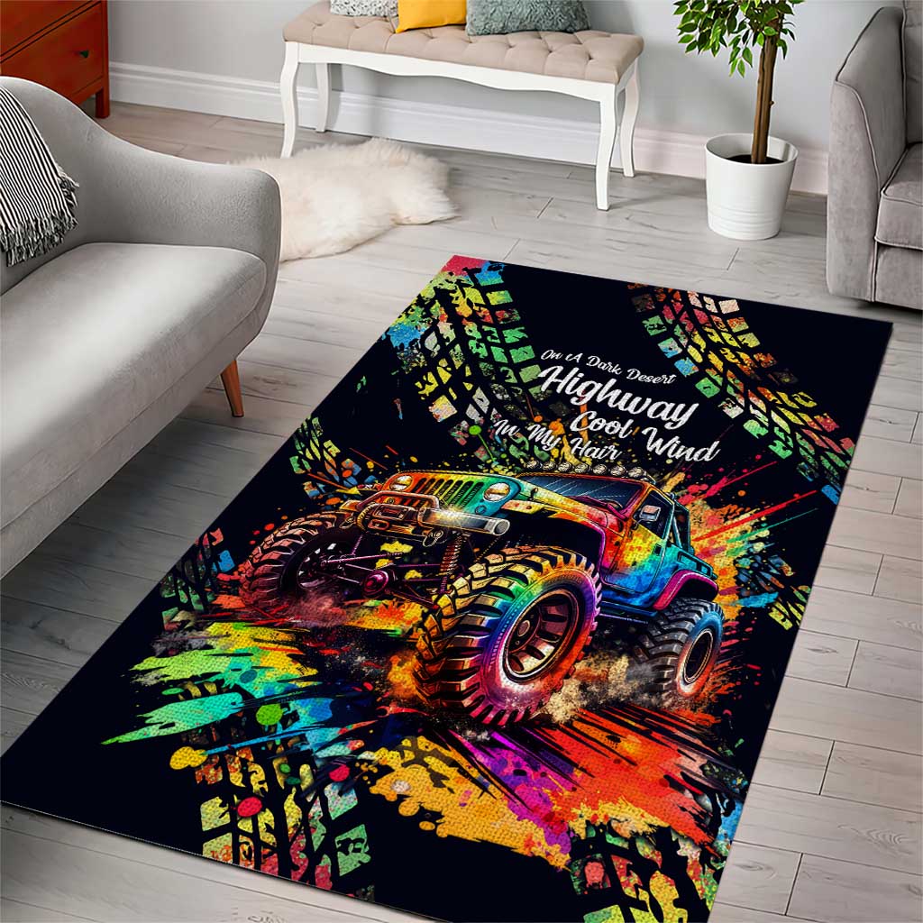 Jeep Dark Desert Highway Area Rug Neon Graffiti Off Road Illustration Style TS04