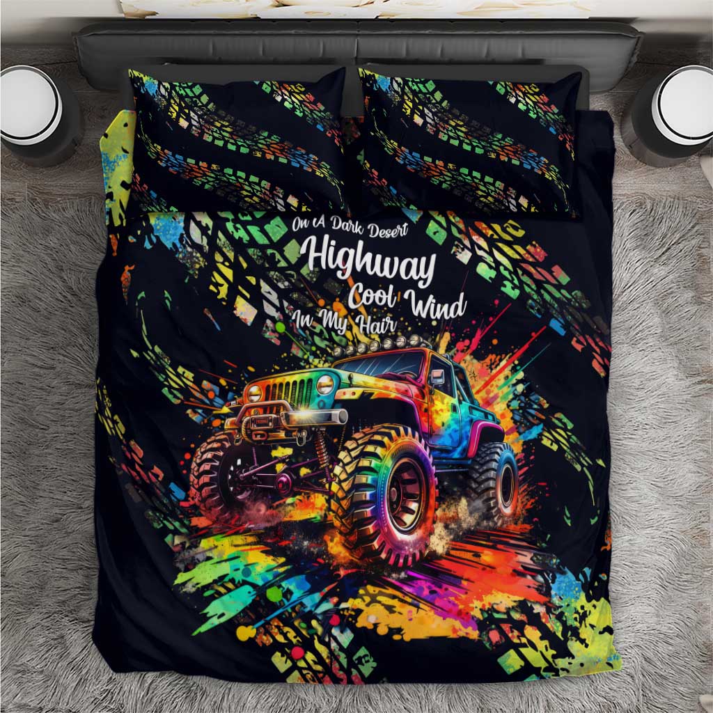 Jeep Dark Desert Highway Bedding Set Neon Graffiti Off Road Illustration Style